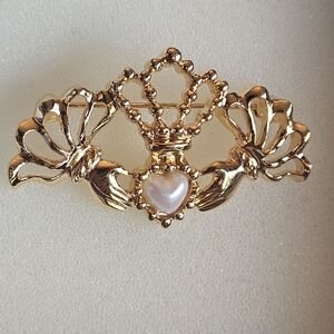Irish Hands Crown Gold and Pearl Brooch